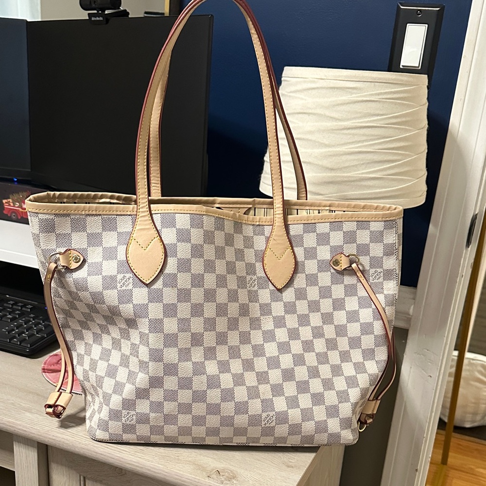 Louis Vuitton White and Tan Checkered Tote